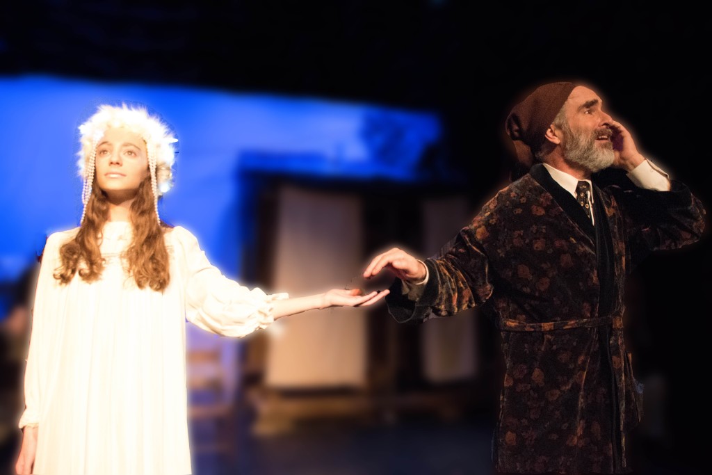 Talia Cutler as Ghost of Christmas Past with David Whitehead as Scrooge rediscovering his childhood.